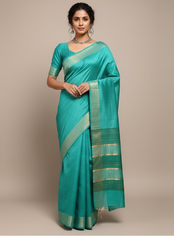Firozi Staple Body Saree with Ghicha Silk Pallu