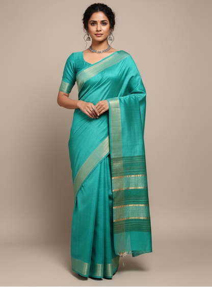 Firozi Staple Body Saree with Ghicha Silk Pallu