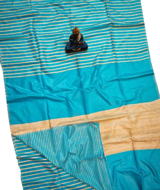 Firozi Striped Tusser Ghicha Silk Saree |Peepal Clothing
