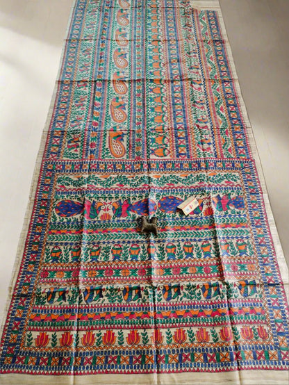 Fish and Peacock Motif Madhubani Hand Painted Desi Tussar Silk Saree