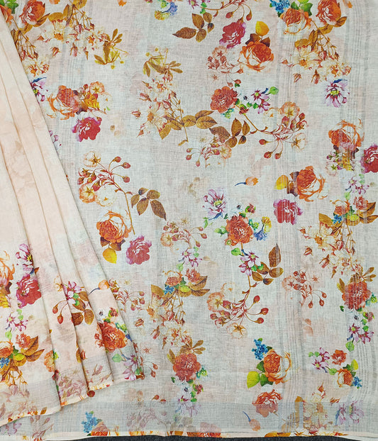 Peach Floral Digital Printed Linen Saree