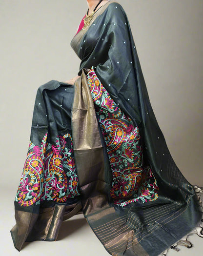 Floral Embroidered Tussar Munga Silk Saree
