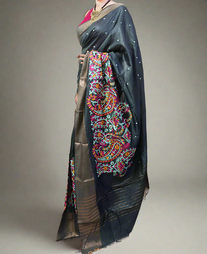 Floral Embroidered Tussar Munga Silk Saree