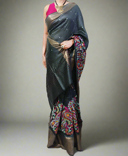 Floral Embroidered Tussar Munga Silk Saree