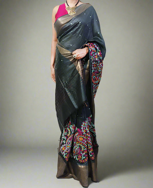 Floral Embroidered Tussar Munga Silk Saree