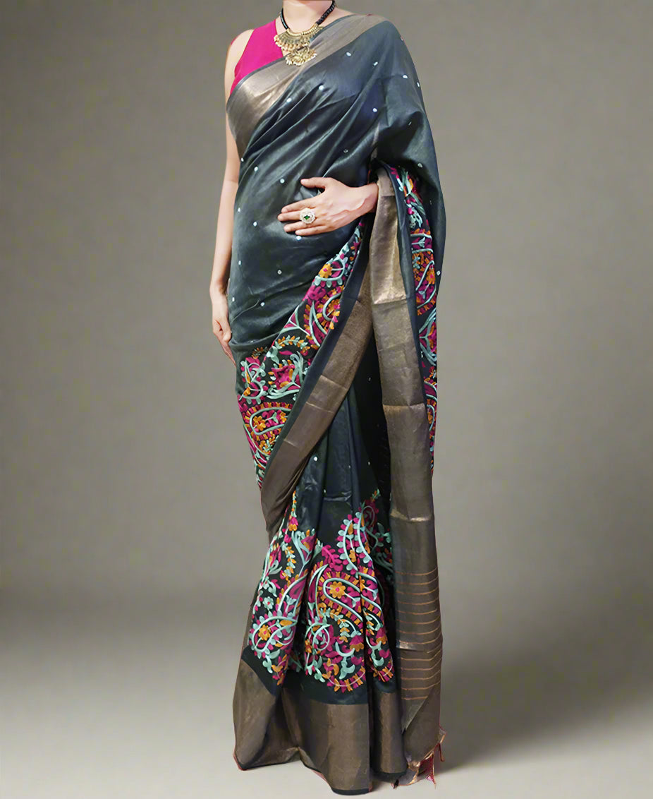Floral Embroidered Tussar Munga Silk Saree