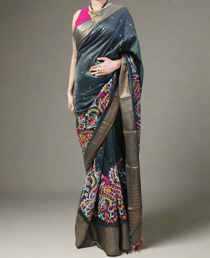Floral Embroidered Tussar Munga Silk Saree