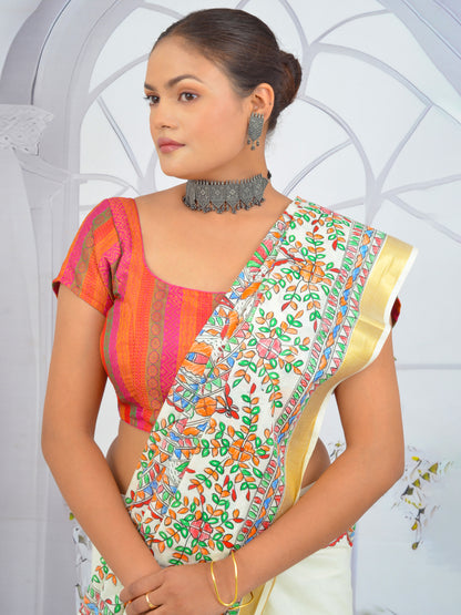 Traditional Kerala cotton saree with hand-painted floral Madhubani motifs