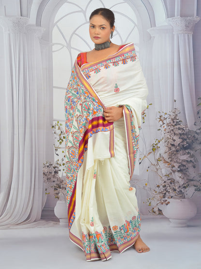 Hand-painted Kerala cotton saree featuring floral Madhubani art and maroon border