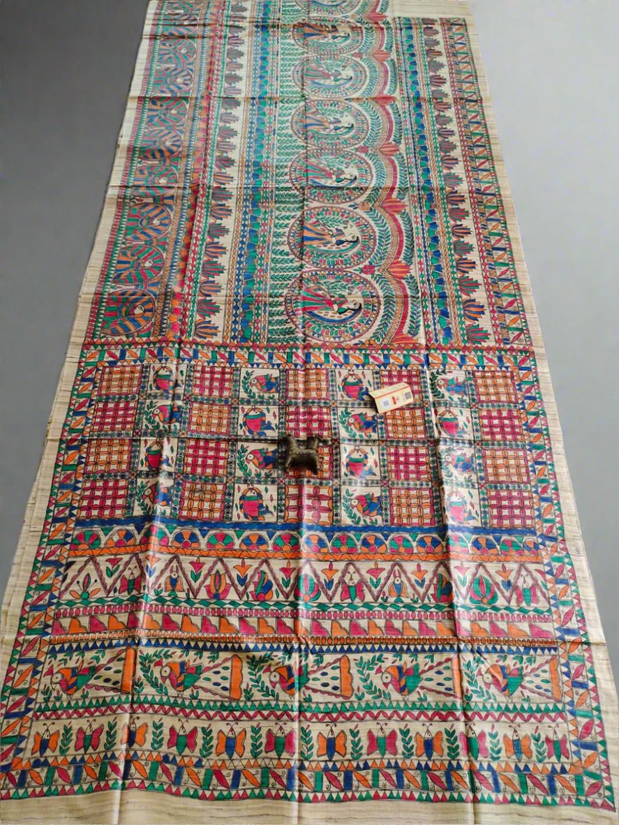 Flower and Girl Madhubani Hand Painted Desi Tussar Silk Saree