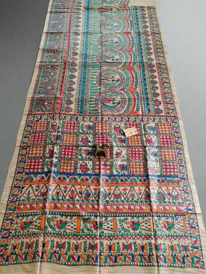 Flower and Girl Madhubani Hand Painted Desi Tussar Silk Saree