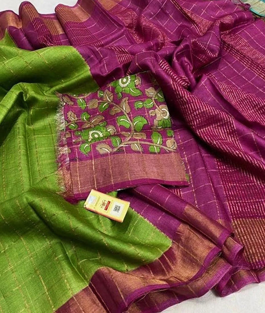 Green and Magenta Bishnupuri Checked Zari Tussar Silk Saree |Peepal Clothing