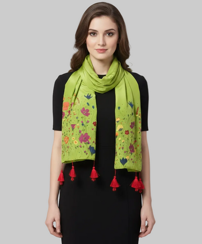 Meadow Bloom Hand-Painted Crepe Silk Stole – Olive Green
