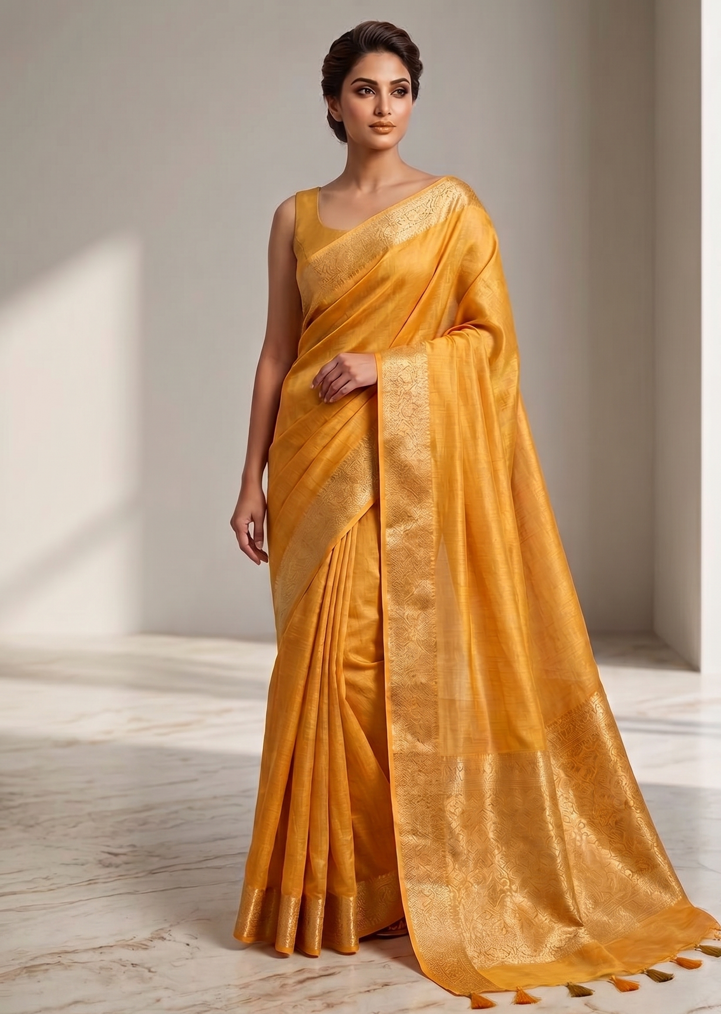 Yellow Banarasi Silk Linen saree