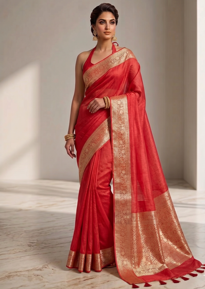 Red Banarasi Silk Linen saree