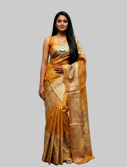 Golden Madhubani Printed Tussar Ghicha Silk Saree