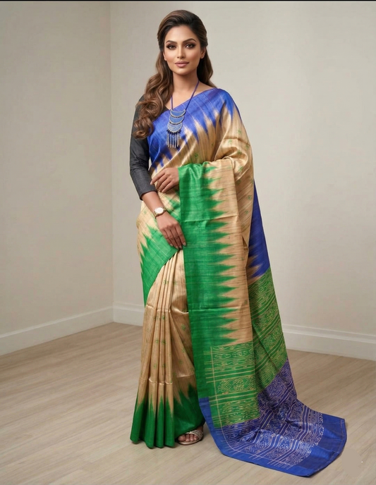 Printed Green and Blue Ghicha Tussar Silk Saree