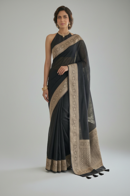 Black Banarasi Silk Linen saree