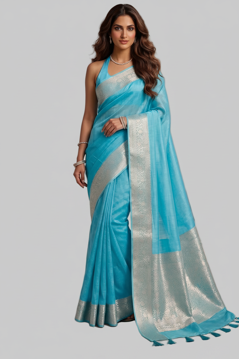 Sky Blue Banarasi Silk Linen saree