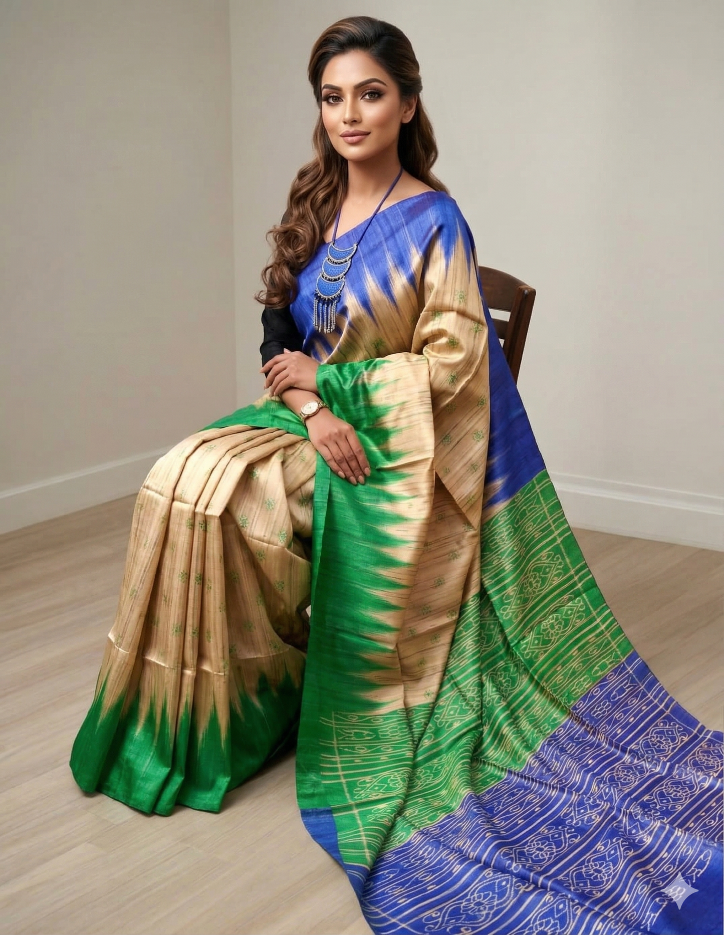 Printed Green and Blue Ghicha Tussar Silk Saree
