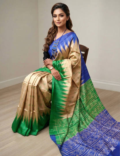 Printed Green and Blue Ghicha Tussar Silk Saree