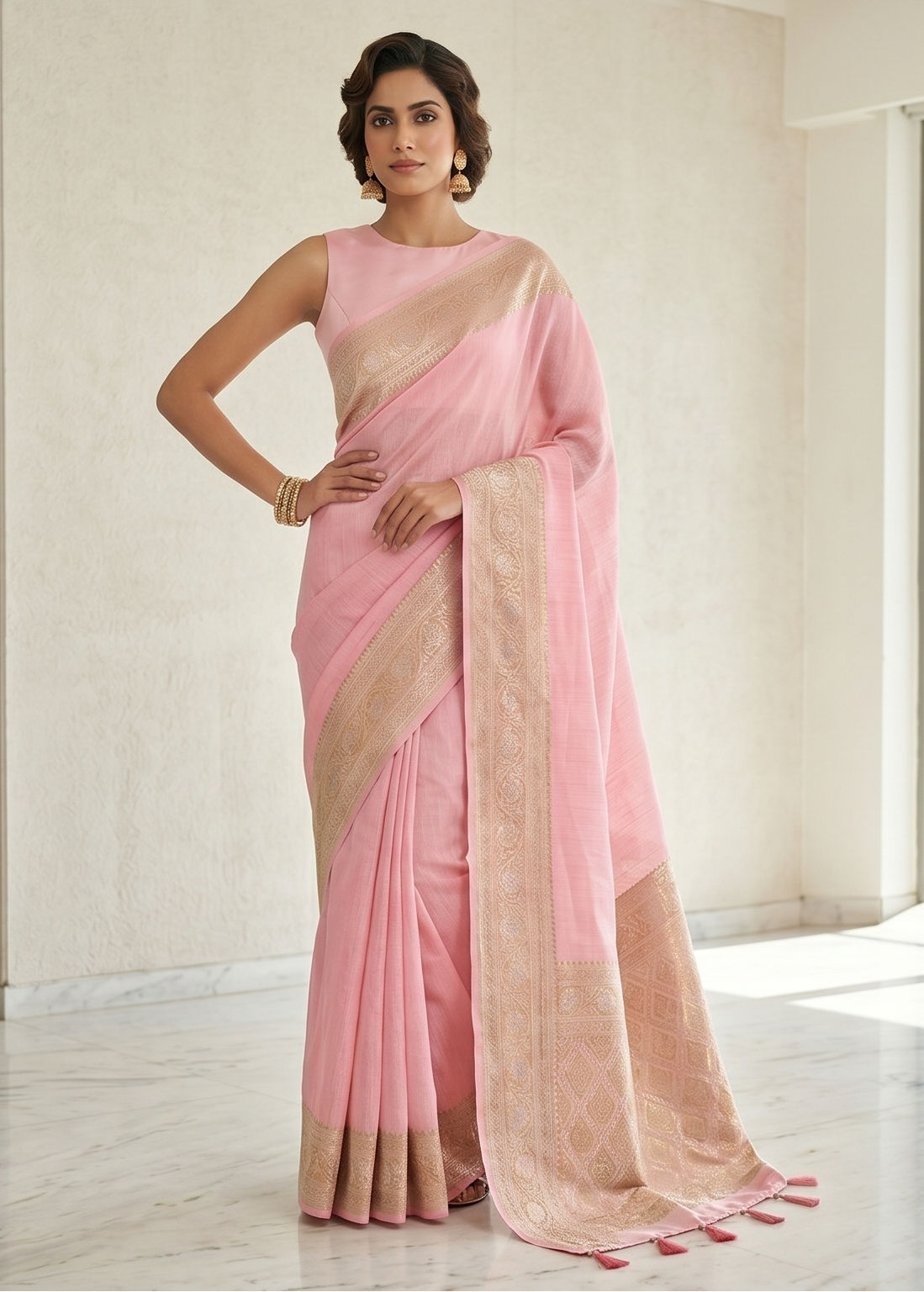 Pink Banarasi Silk Linen saree
