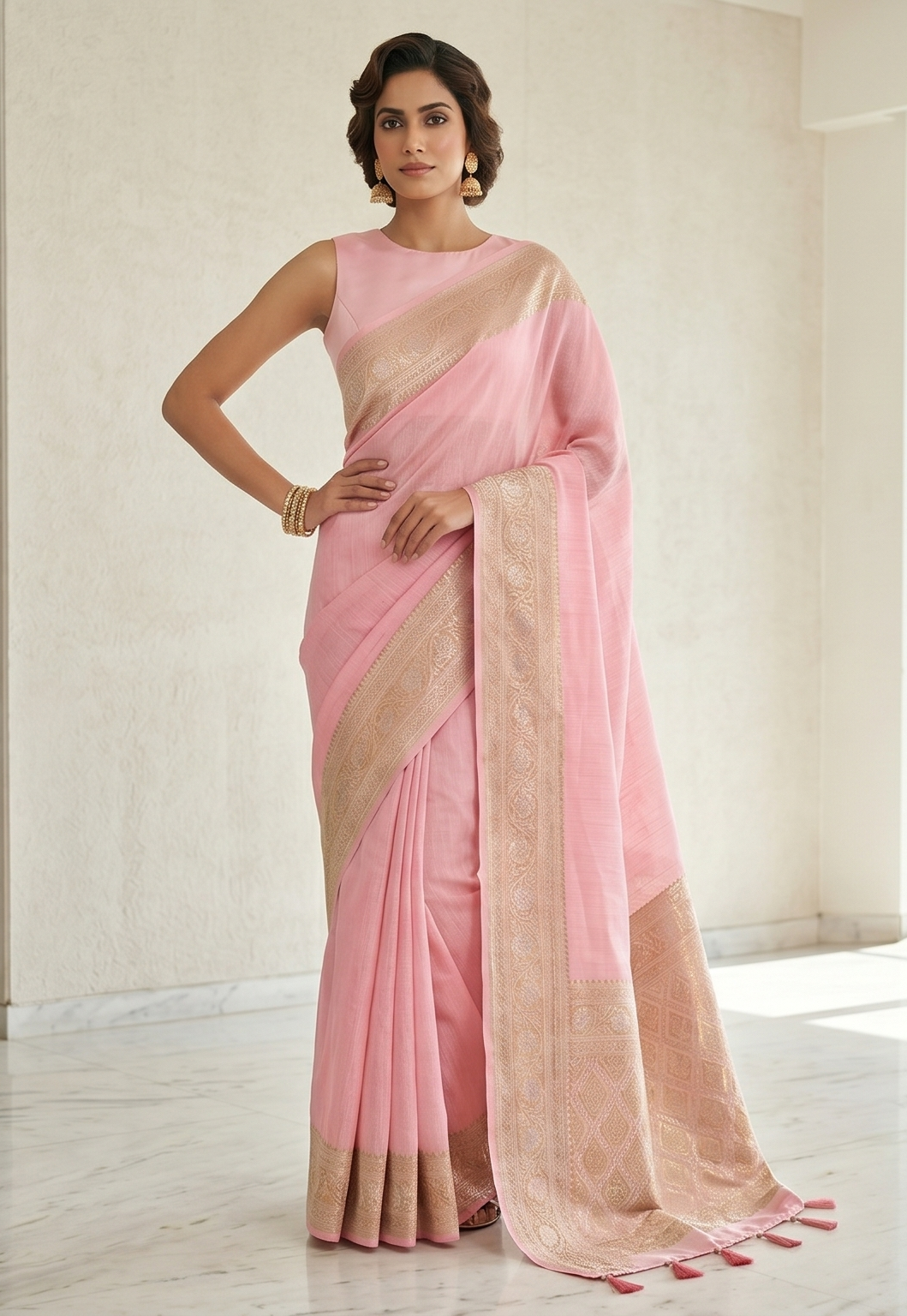 Peach Banarasi Silk Linen saree