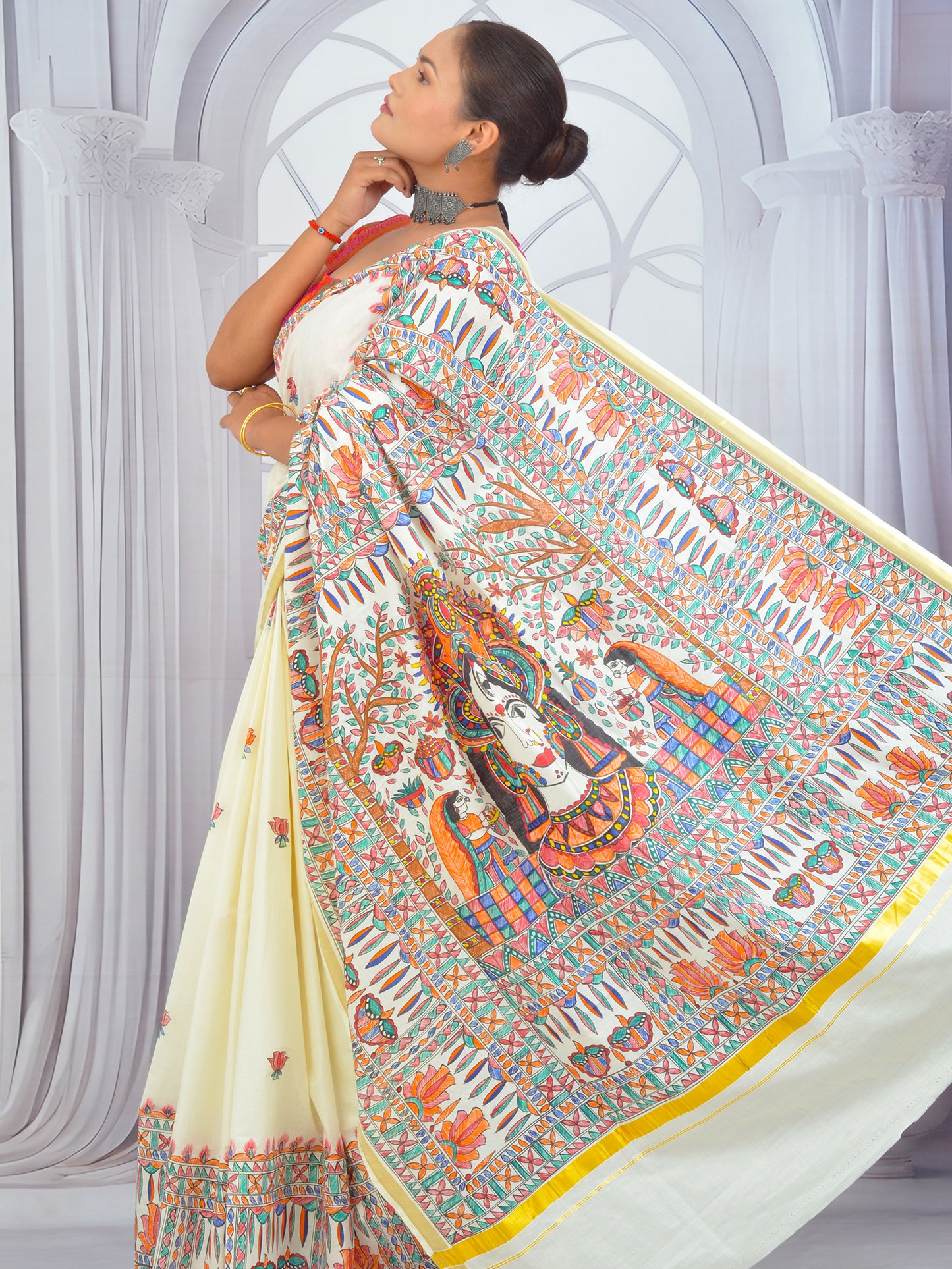 Traditional Madhubani Durga painting on white Kerala cotton saree