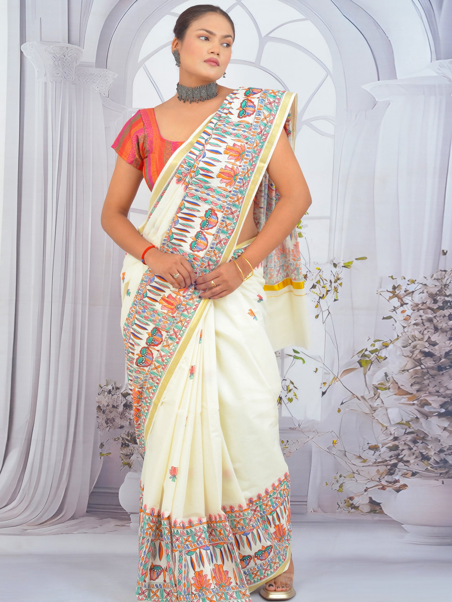 Goddess Durga Madhubani hand-painted artwork on Kerala cotton saree
