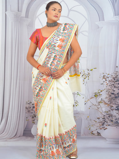 Goddess Durga Madhubani hand-painted artwork on Kerala cotton saree