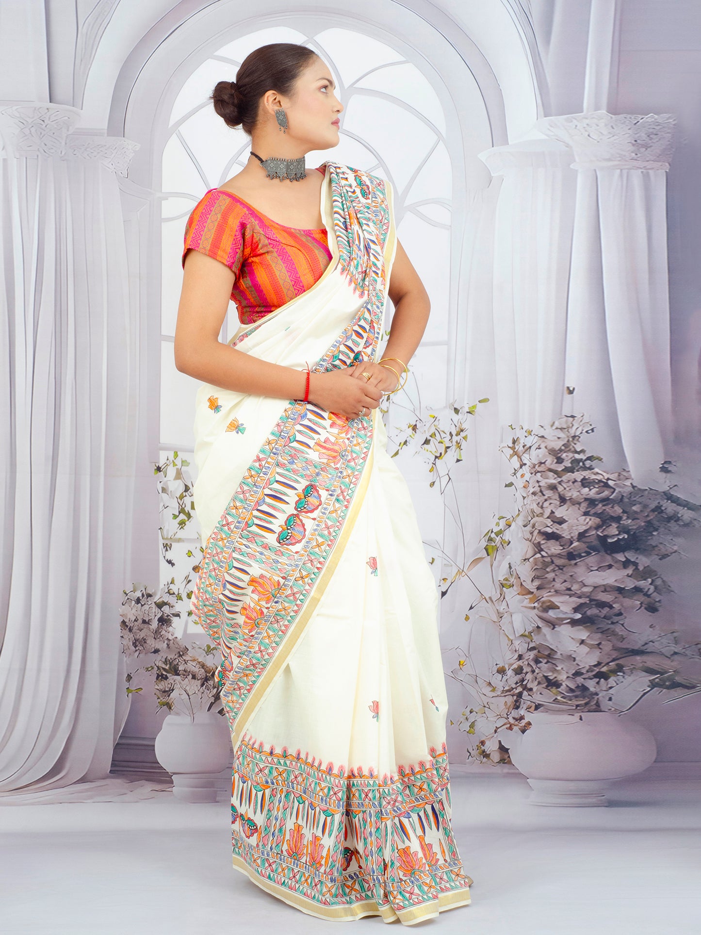 Goddess Durga motif on handloom Kerala cotton saree with Madhubani painting