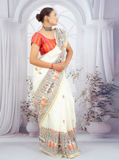 Goddess Durga motif on handloom Kerala cotton saree with Madhubani painting