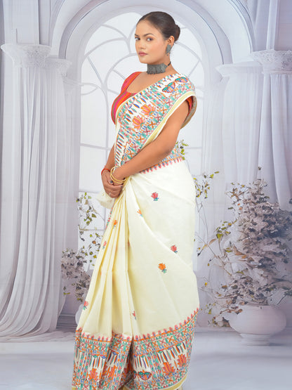 Ethnic Kerala cotton saree with Goddess Durga hand-painted in Madhubani art