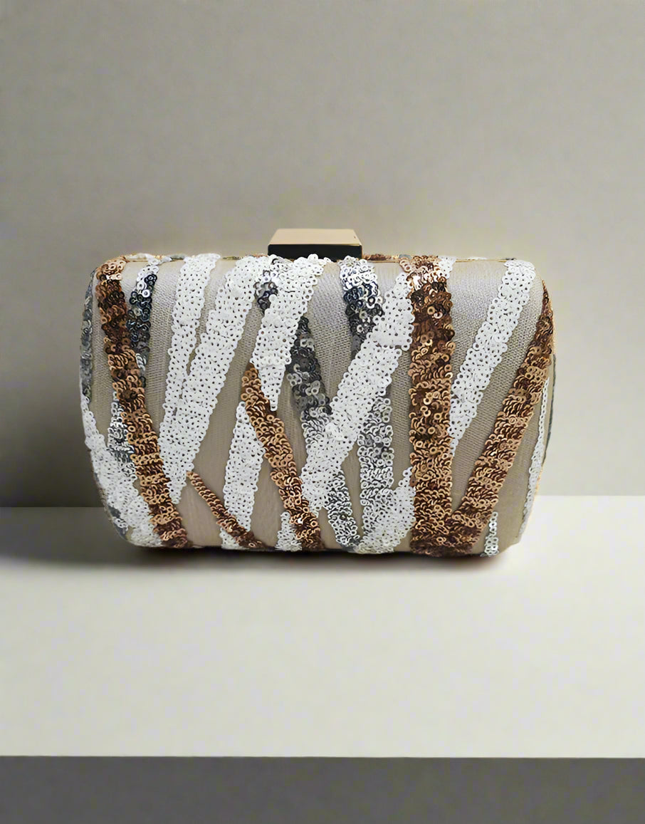 Gold and White Sequence Embroidered Clutch | Peepal Clothing