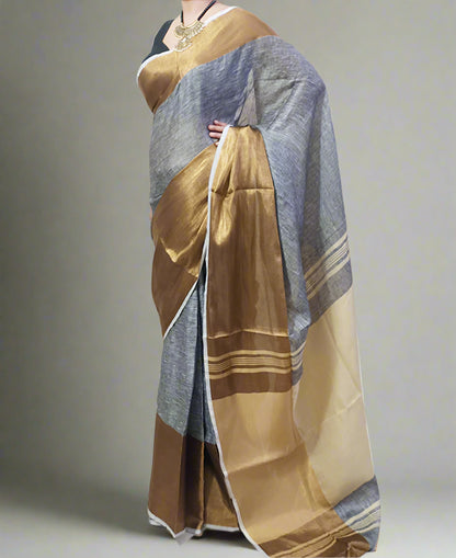 Golden Zari Border Gray Linen Saree