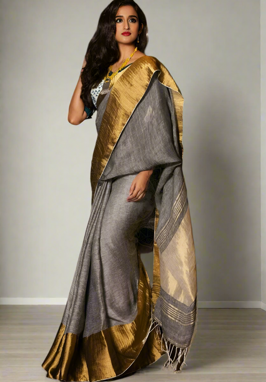 Golden Zari Border Gray Linen Saree