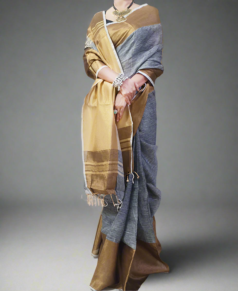 Golden Zari Border Gray Linen Saree
