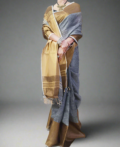 Golden Zari Border Gray Linen Saree