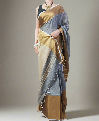 Golden Zari Border Gray Linen Saree