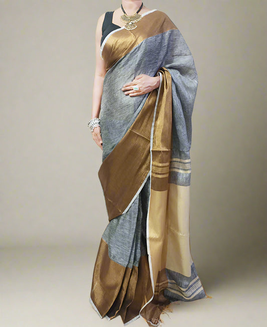 Golden Zari Border Gray Linen Saree