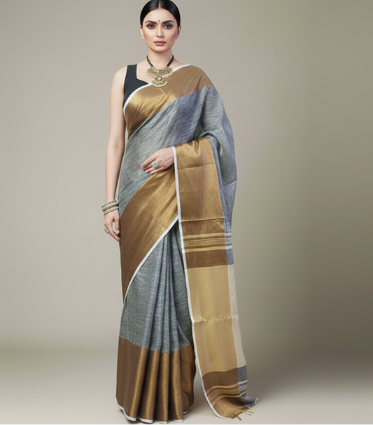 Golden Zari Border Gray Linen Saree