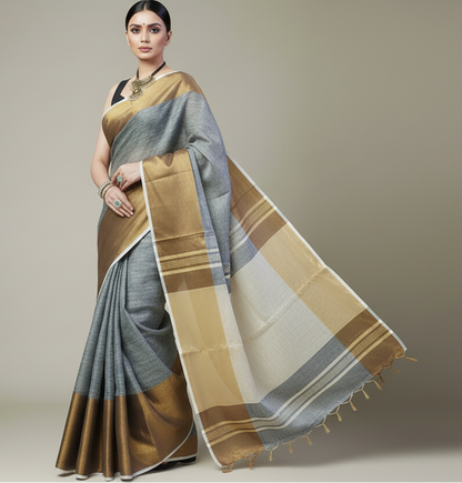 Golden Zari Border Gray Linen Saree