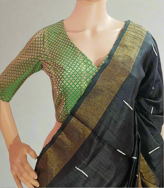 Green Brocade Elbow Sleeve Length Blouse| Peepal Clothing 