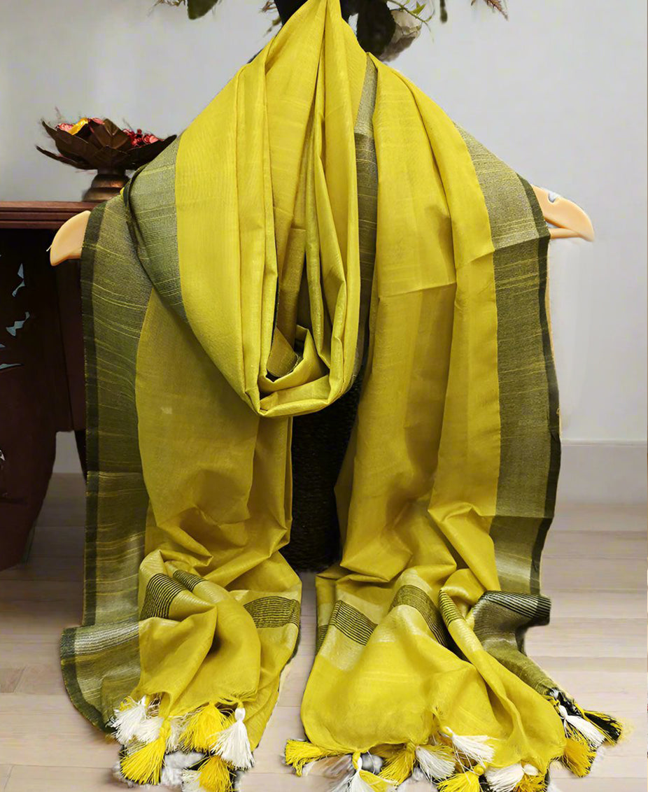 Yellow Cotton Slub Dupatta with Contrast Border