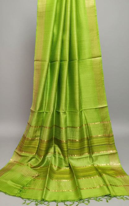 Green Staple Body Saree with Ghicha Silk Pallu 