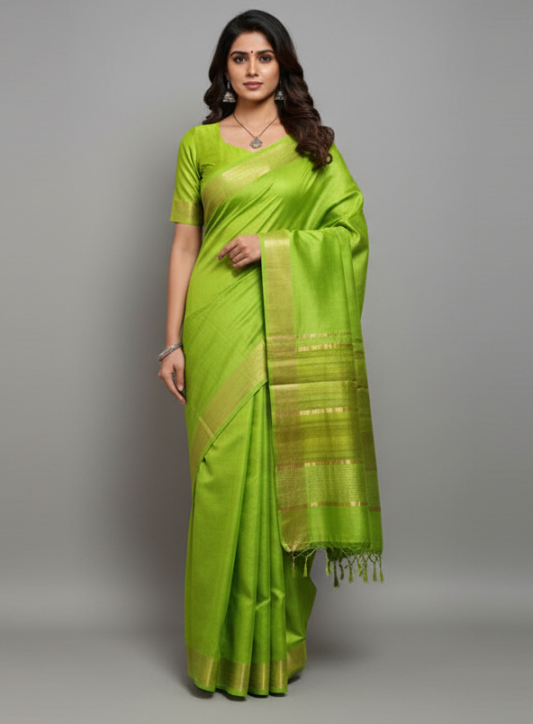 Green Staple Body Saree with Ghicha Silk Pallu