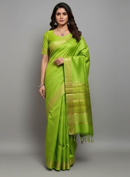 Green Staple Body Saree with Ghicha Silk Pallu
