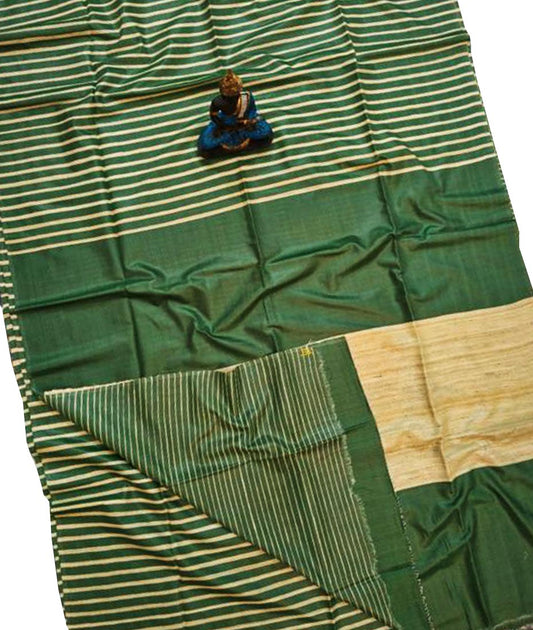 Green Striped Tusser Ghicha Silk Saree |Peepal Clothing