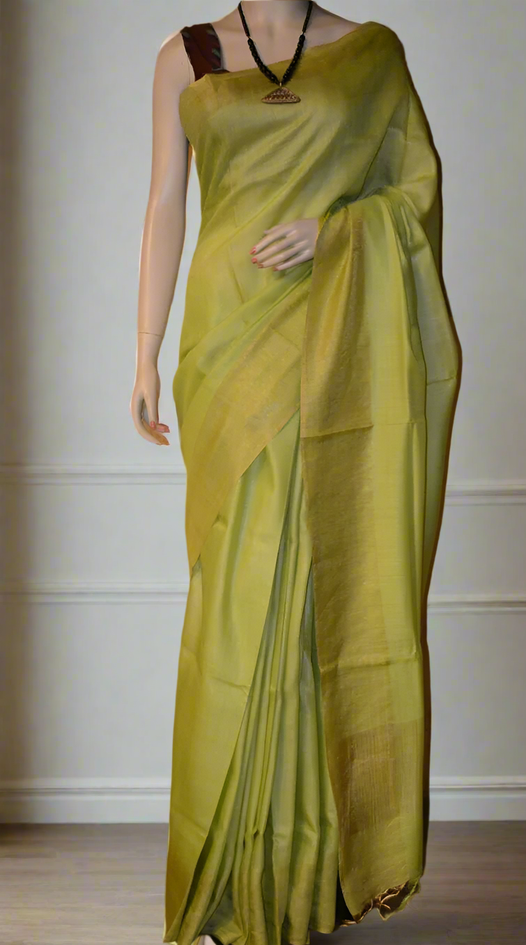 Green Tussar Munga Silk Saree | Peepal Clothing