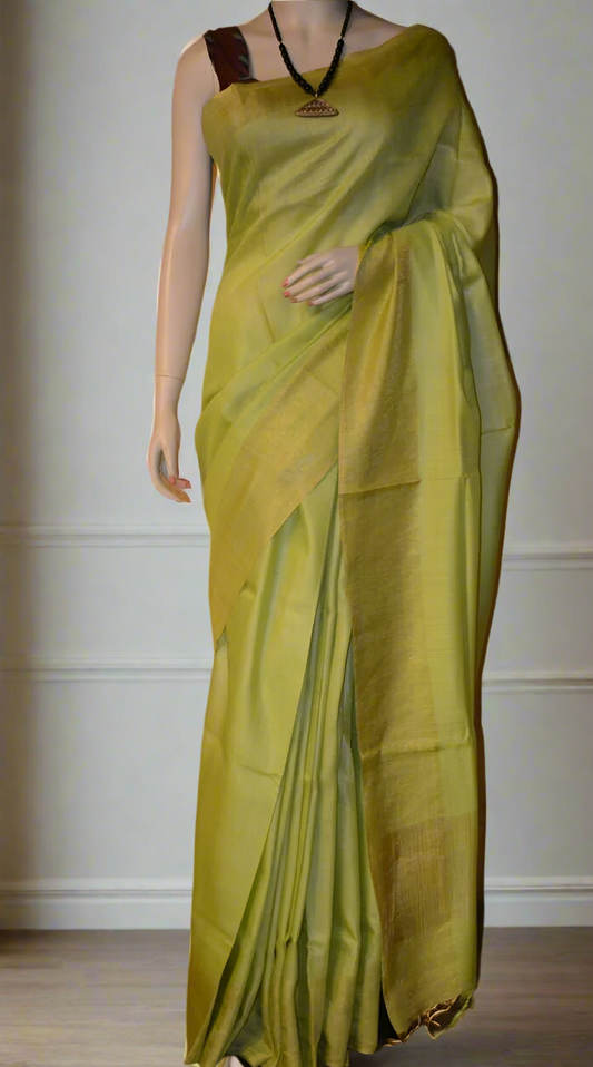 Green Tussar Munga Silk Saree | Peepal Clothing